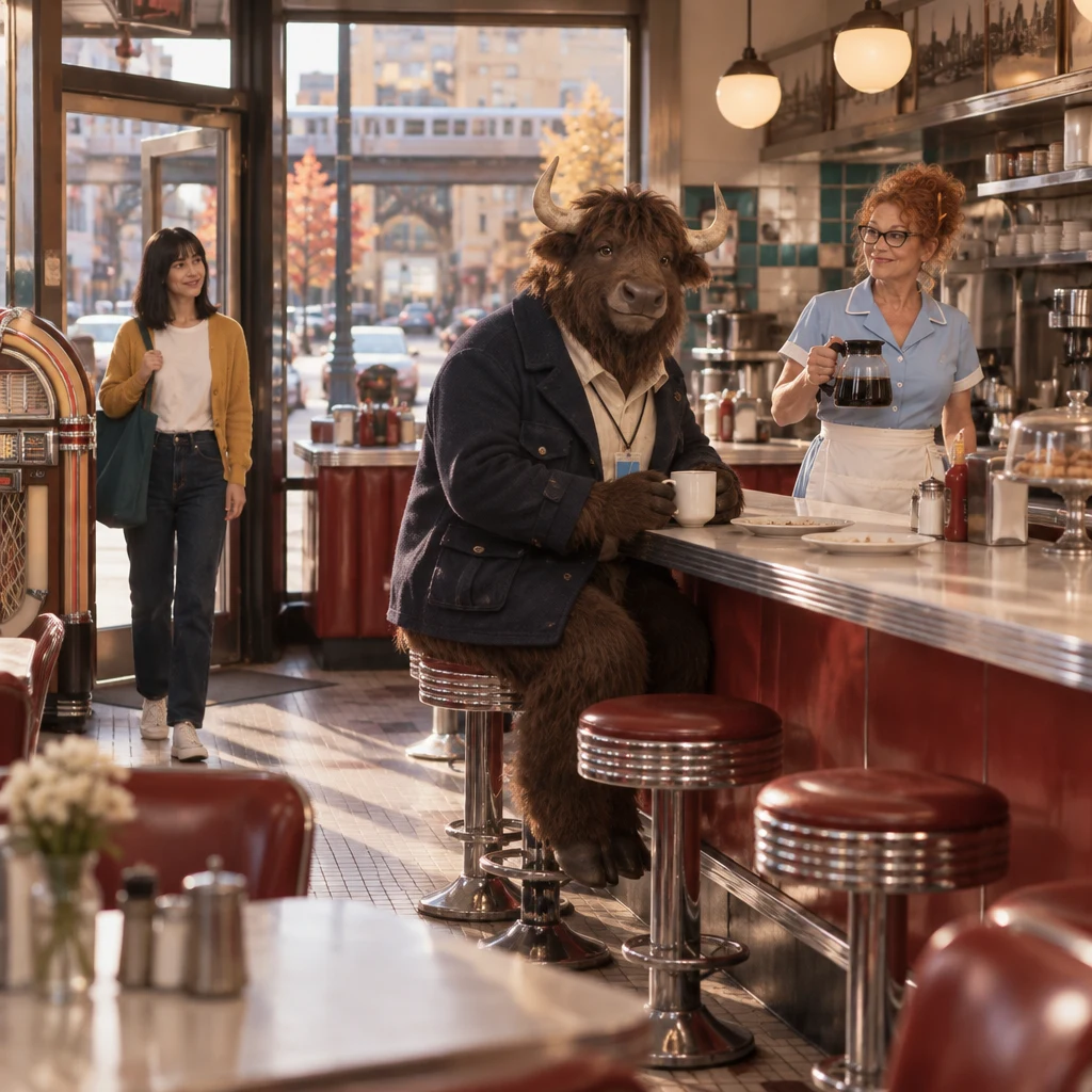 Ana arrives at the Blue Plate while Dee stands at the counter and Murray sits before empty plates and a full coffee cup.