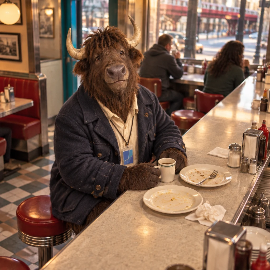 Murray sits at the counter on two stools with two empty breakfast plates in front of him.