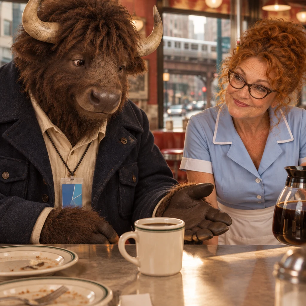 Murray gestures beside his still-full coffee cup while Dee’s pot is nearby.