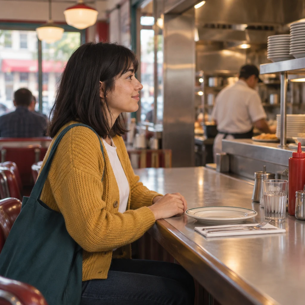 Ana sits at the counter with an empty place setting and looks toward the kitchen, still needing lunch.