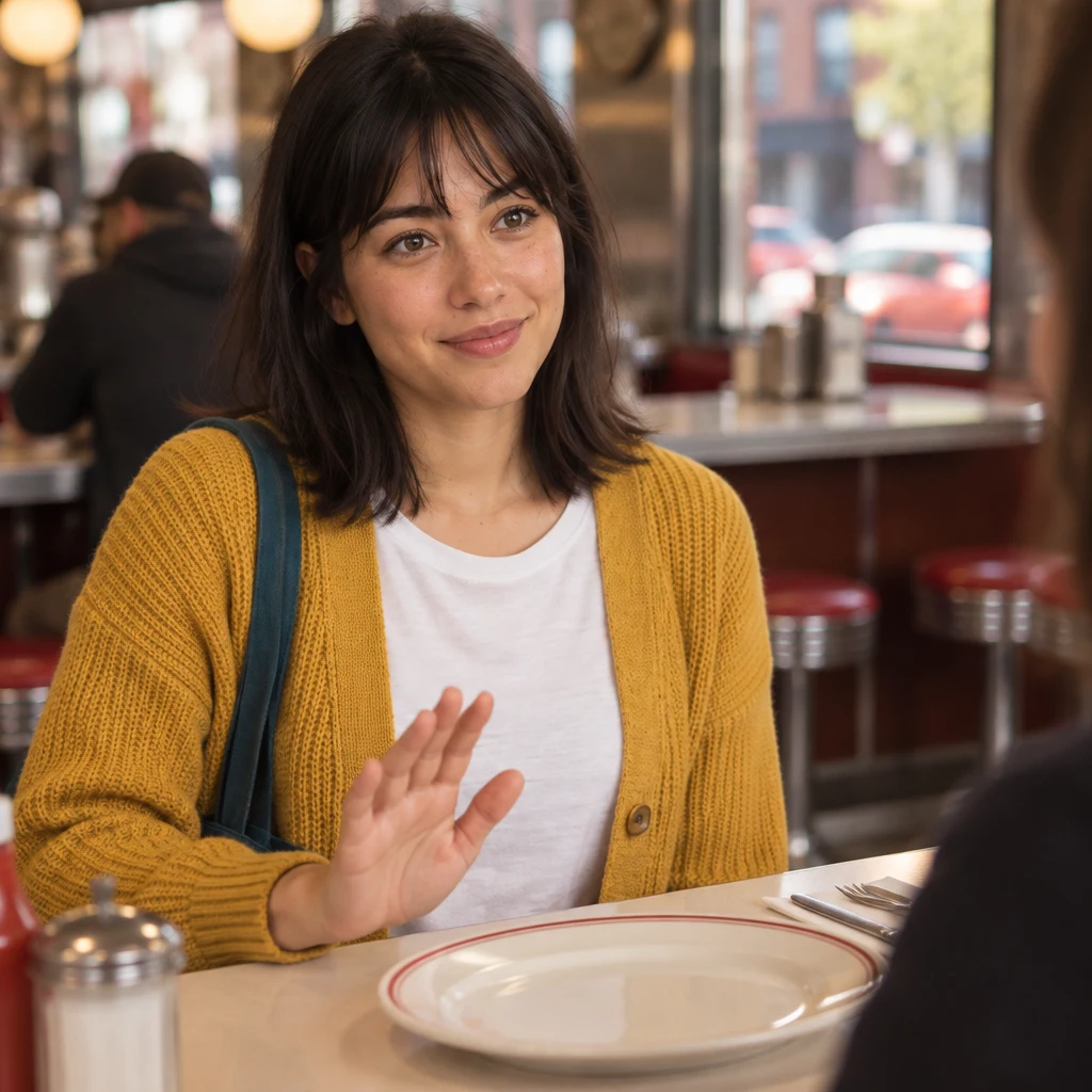 Ana gives a small, polite gesture beside her empty place setting, indicating that lunch is still not arranged.