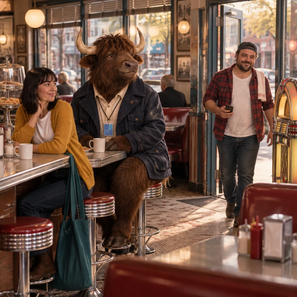 Ana sits at the counter as Murray turns toward the silent jukebox and Danny enters with his phone.