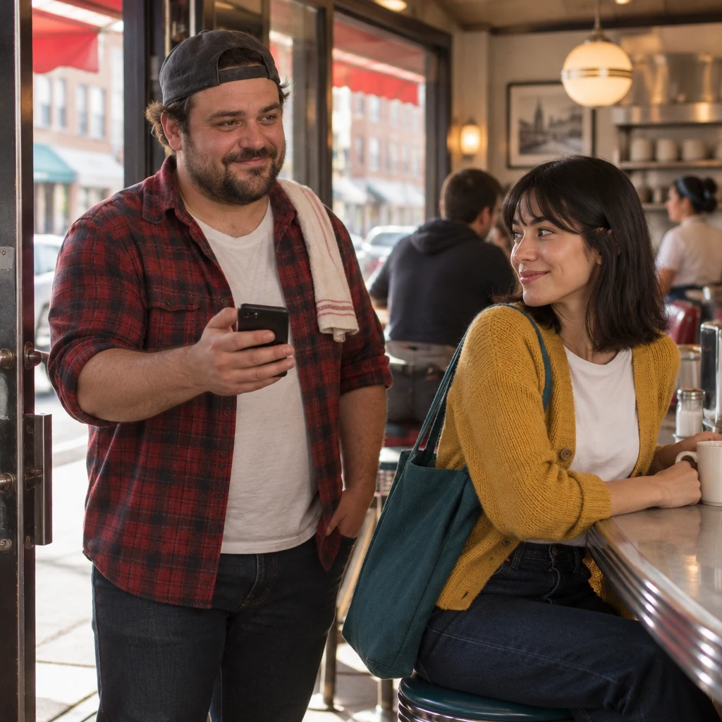 Danny enters the diner and holds his phone out toward Ana in a questioning gesture.