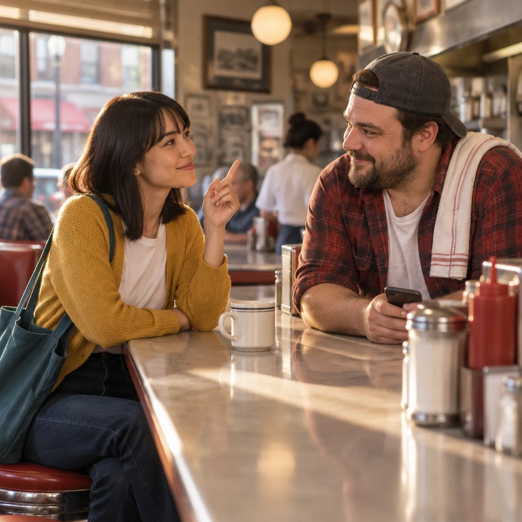 Ana gestures that she has visited the place once while Danny holds his phone lower.