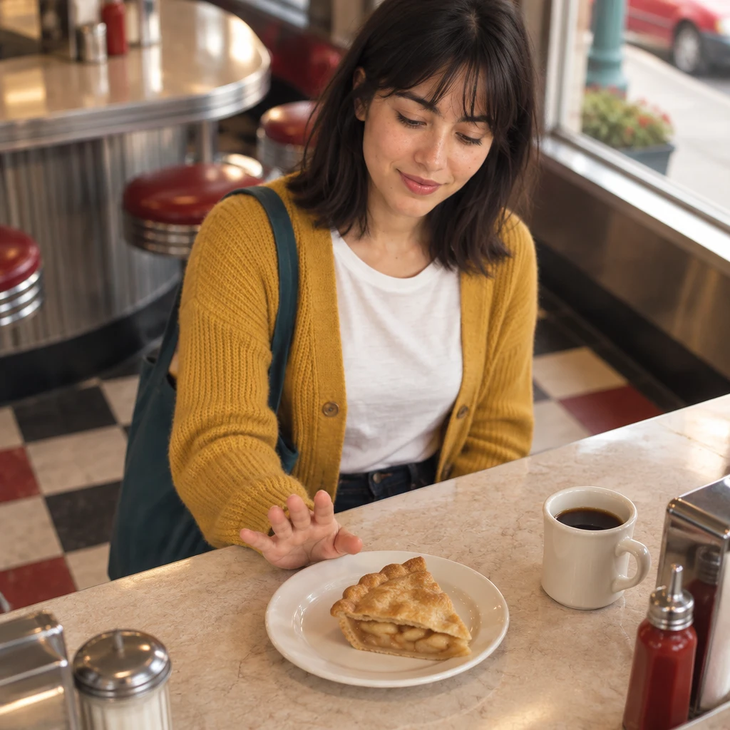Ana eases an untouched plate of pie away from herself to show she has never tried it.