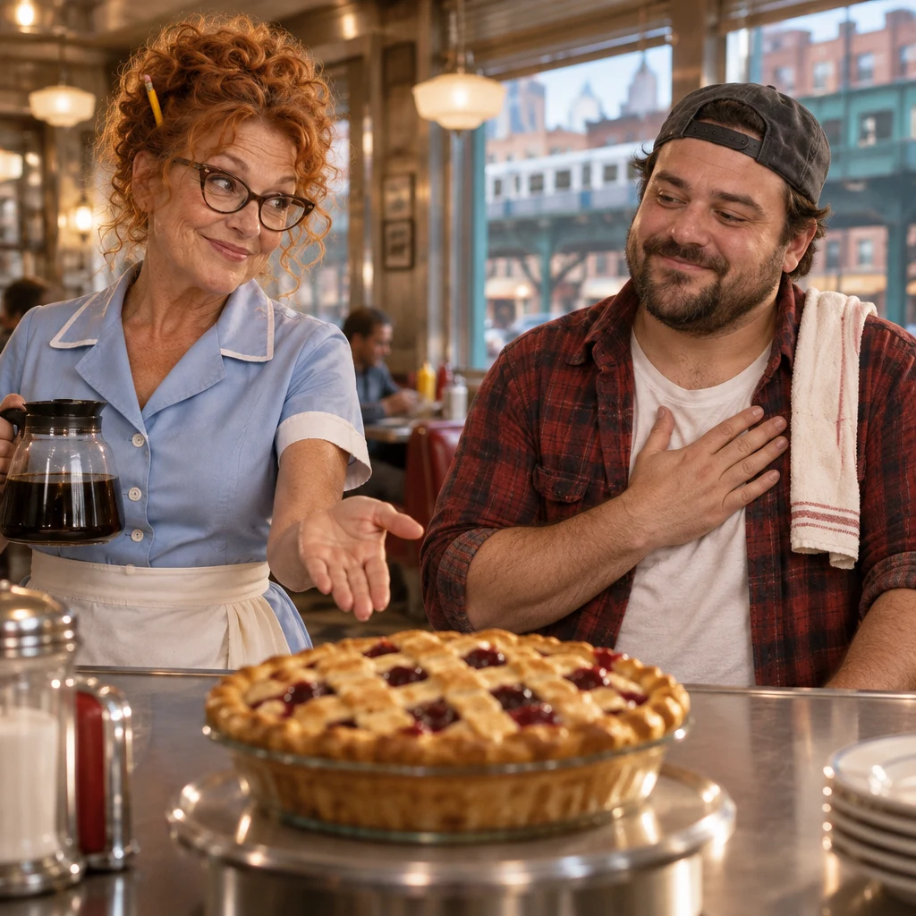 Dee gestures toward the pie as Danny nods to confirm that the experience is true for him.