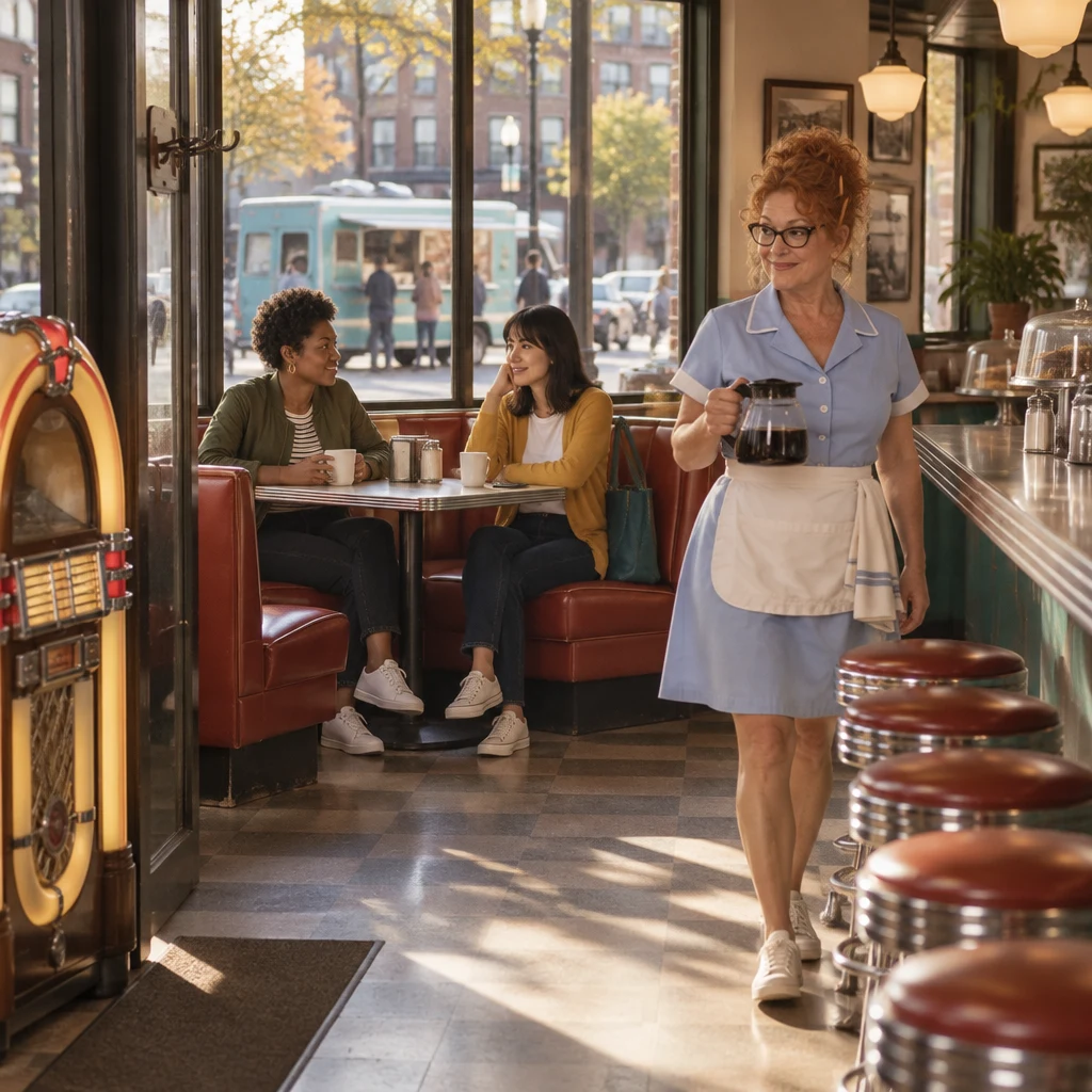 Tasha and Ana sit by the window while Dee walks the counter with a coffee pot.