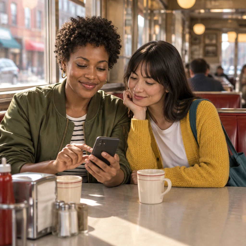 Tasha taps her phone as she adds Ana to the group chat.