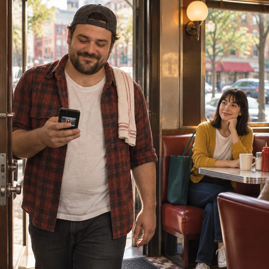 Danny comes in from the sidewalk with his phone, focused on the opened chat rather than Ana.