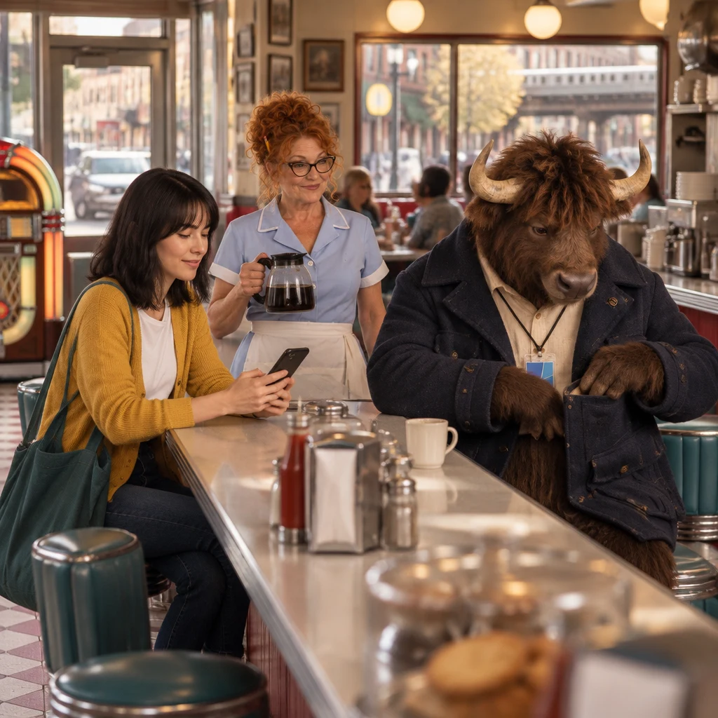 Ana sits at the counter with her dark phone as Dee watches and Murray searches his coat from two stools.