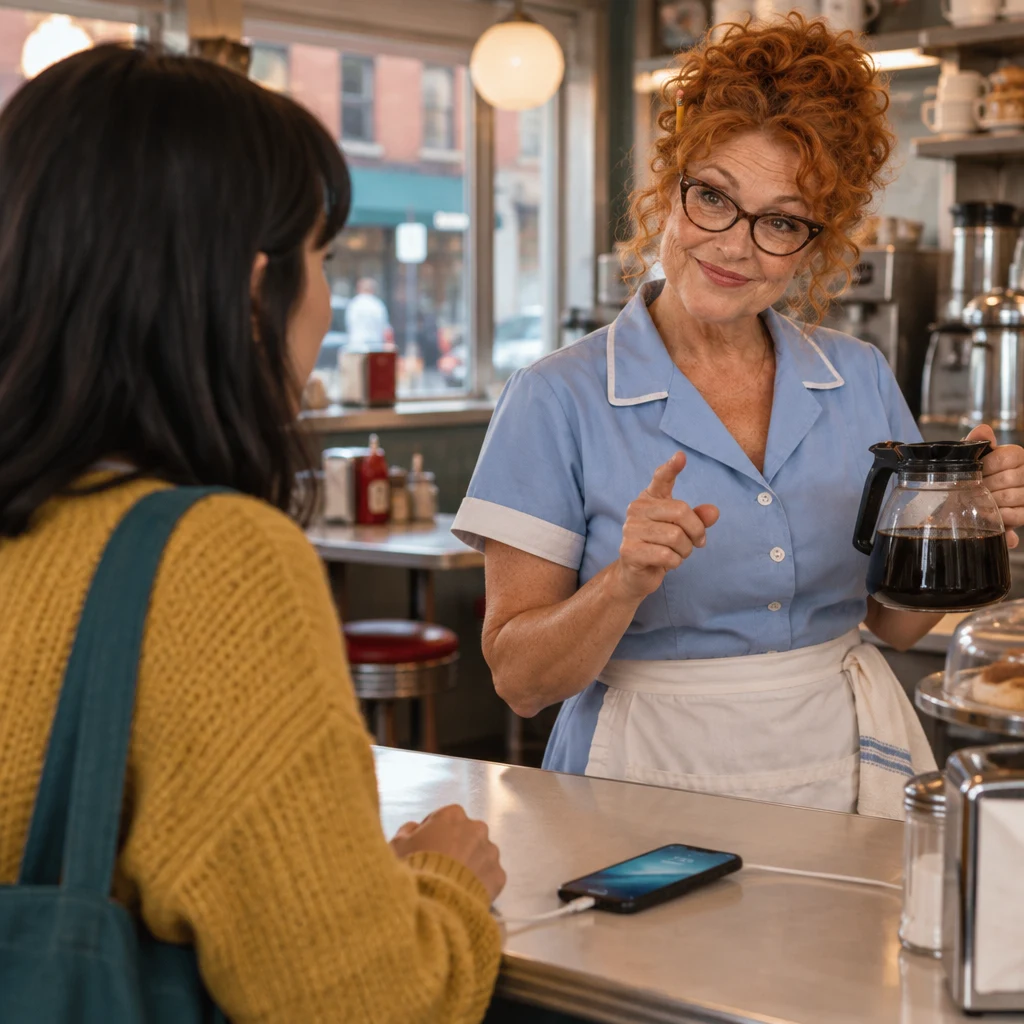 Ana asks Dee what word to type for the Wi-Fi as her phone charges.