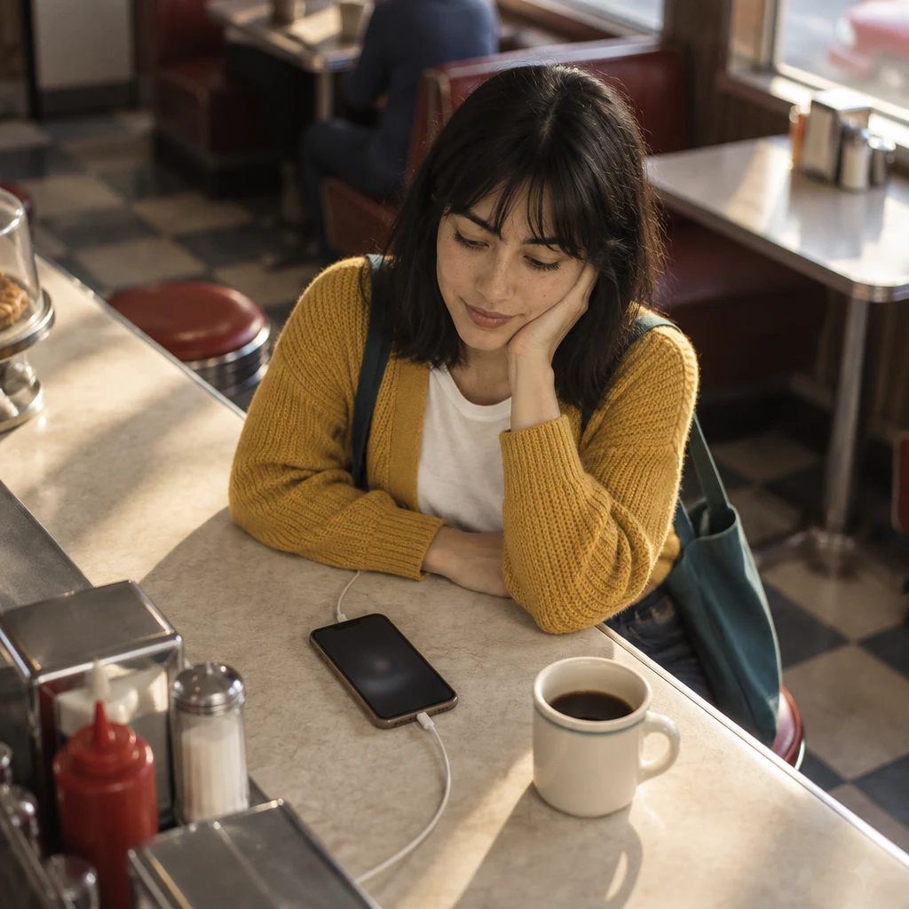 Ana waits over her phone as the internet connection takes too long.