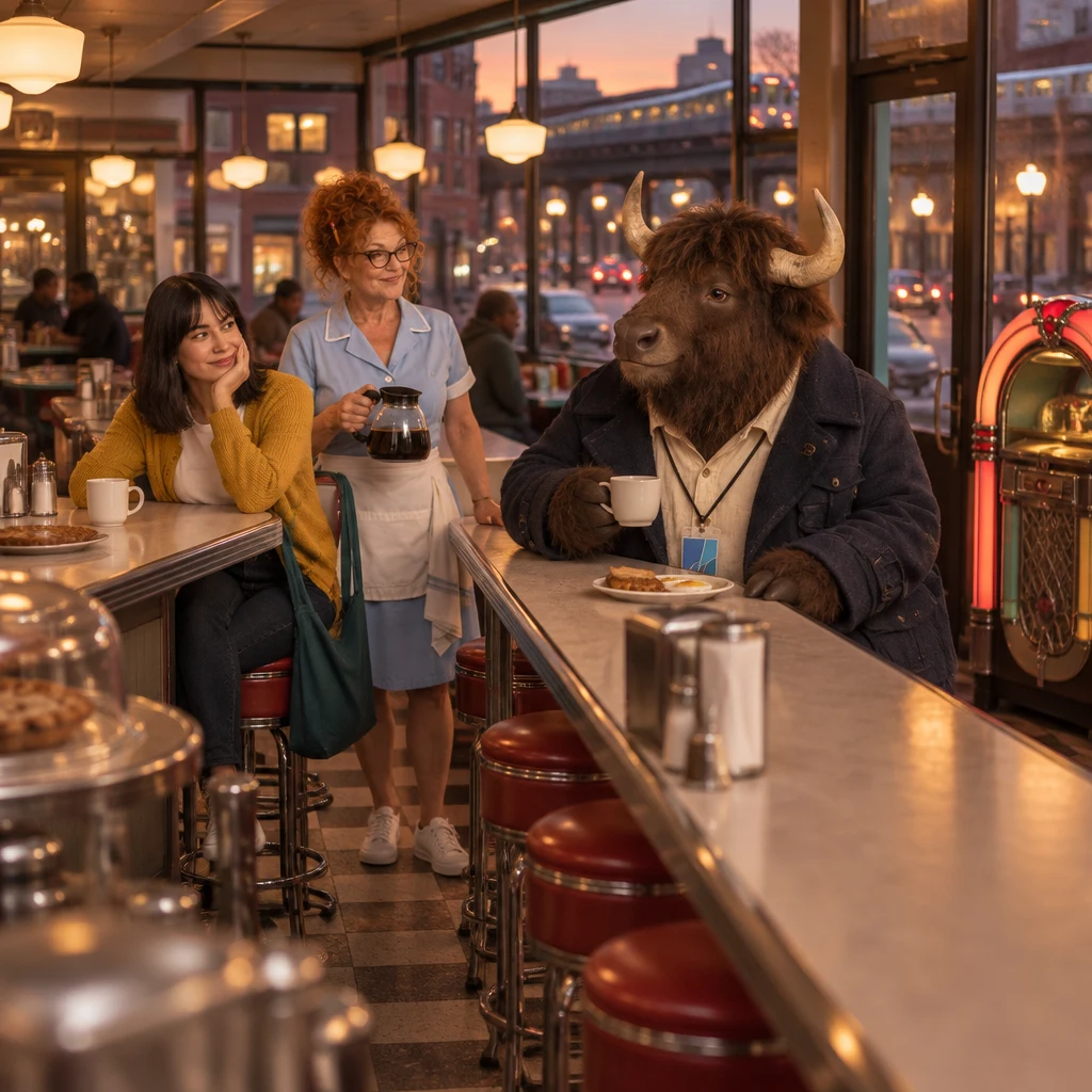 Ana settles at the counter after work as Dee tends the diner and Murray sits with eggs and unfinished coffee.