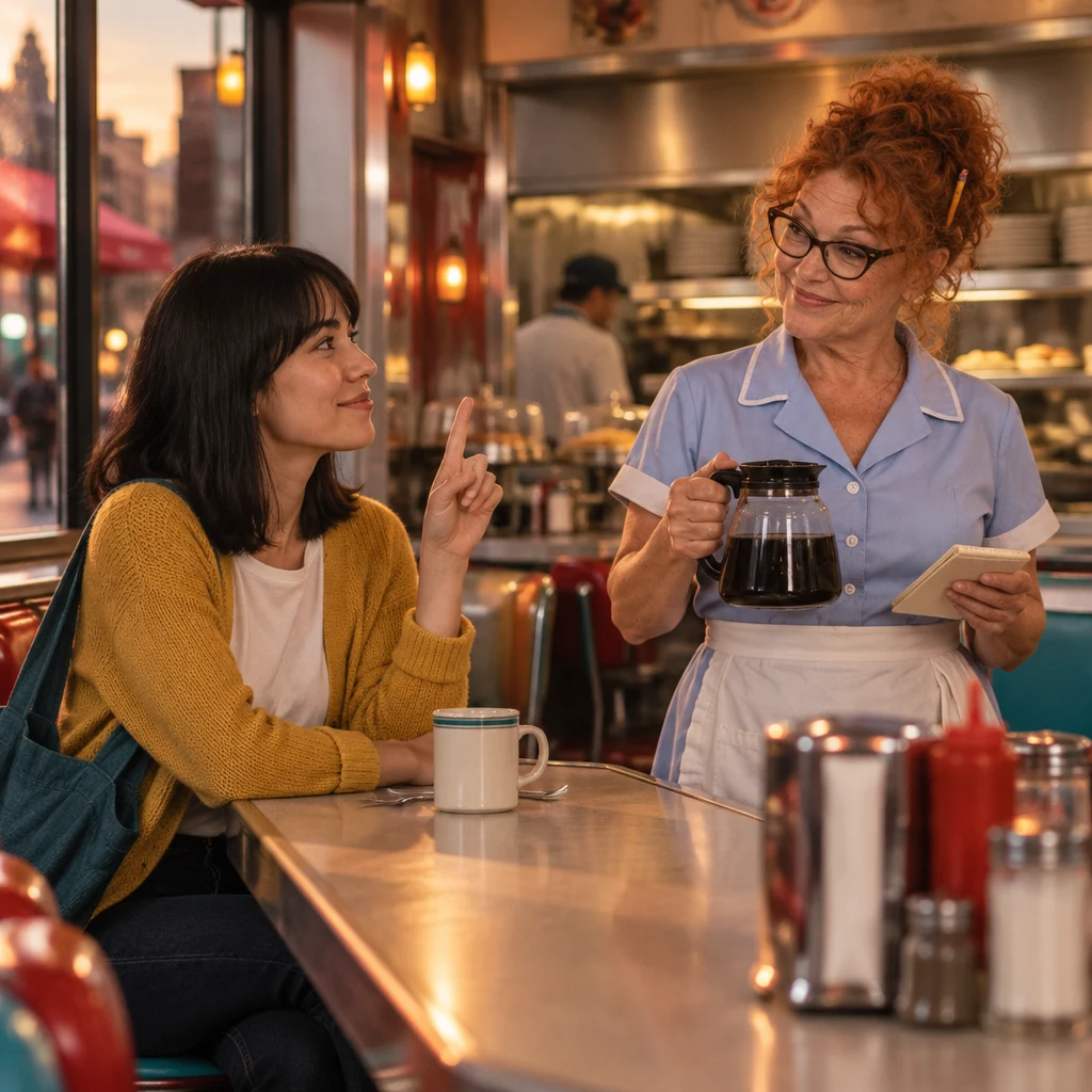 Ana raises a hand to place her regular order with Dee at the counter.