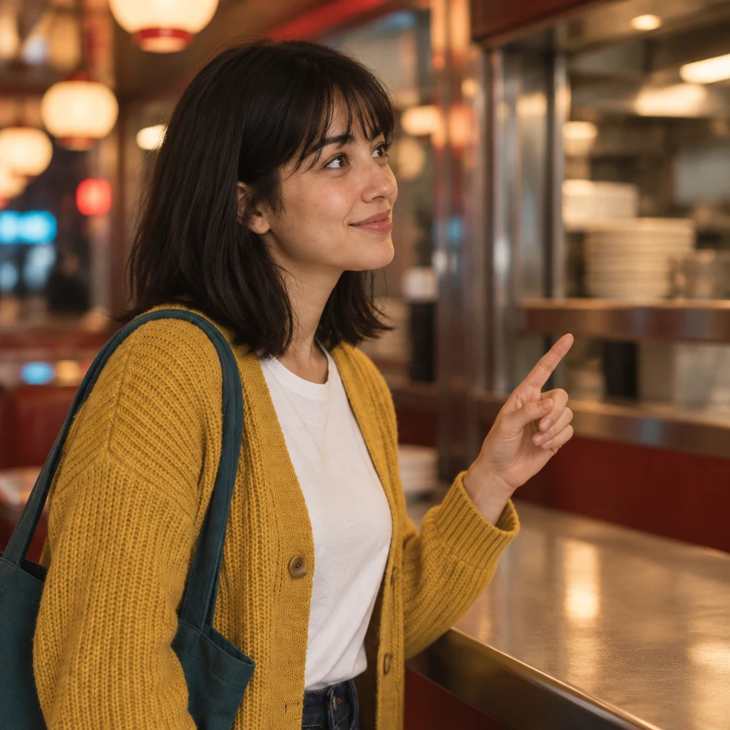 Ana pauses and signals that she wants something different today.