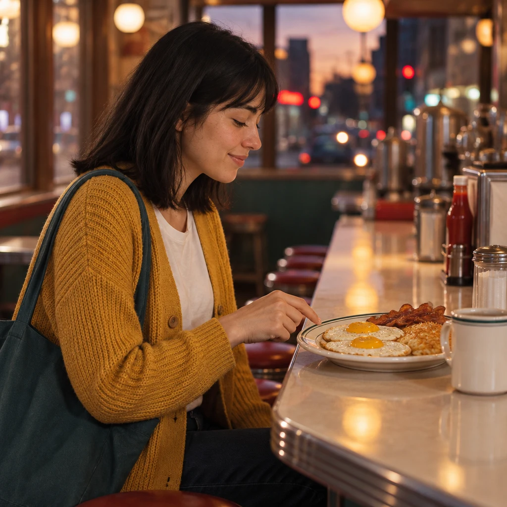 Ana settles on the familiar fried eggs as her order for today.