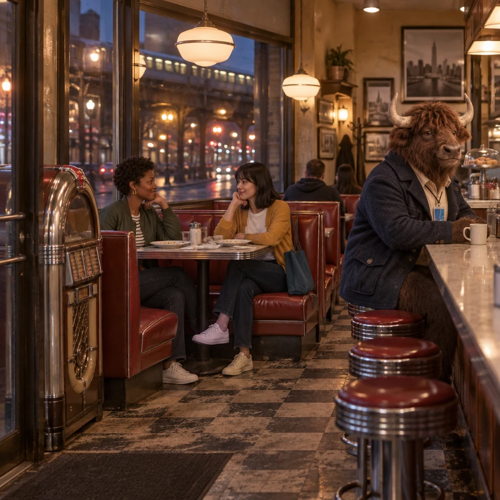 Tasha and Ana rest beside empty plates in the window booth while Murray sits at the counter with unfinished coffee.