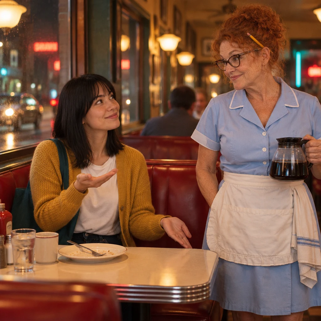 Ana raises a hand from the booth to get Dee's attention as Dee pauses with the coffee pot.