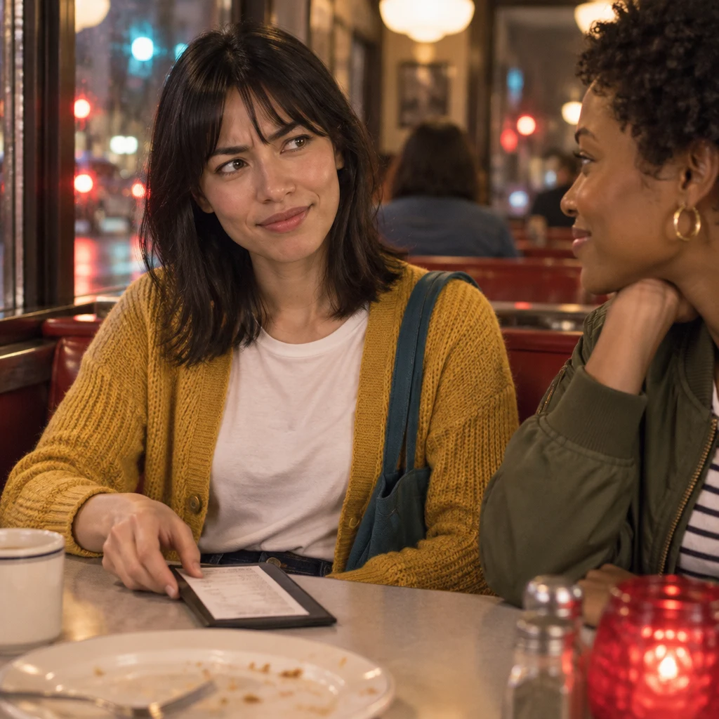 Ana pauses in mild confusion over Tasha's offer to pay and draws the check closer.