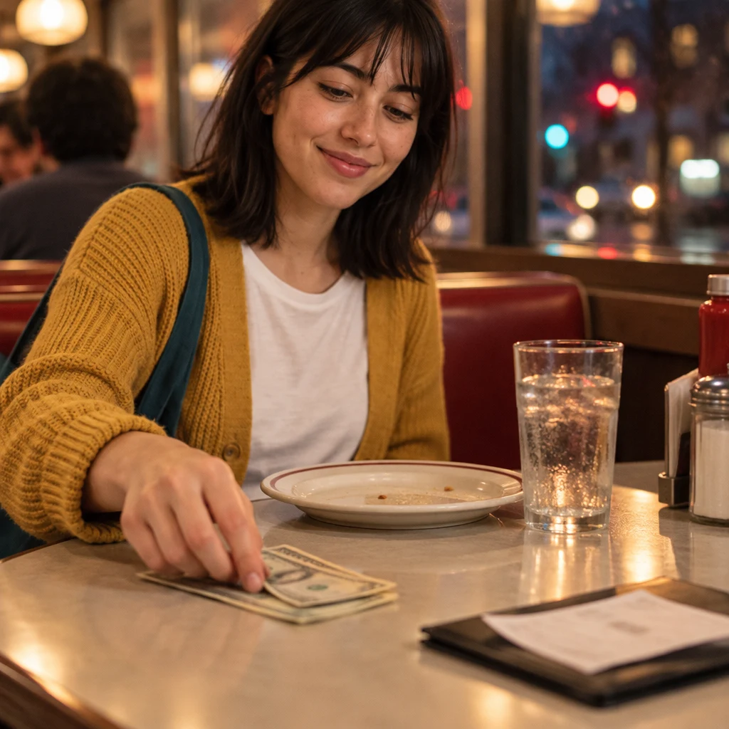 Ana places extra paper money beside an empty plate for the server.