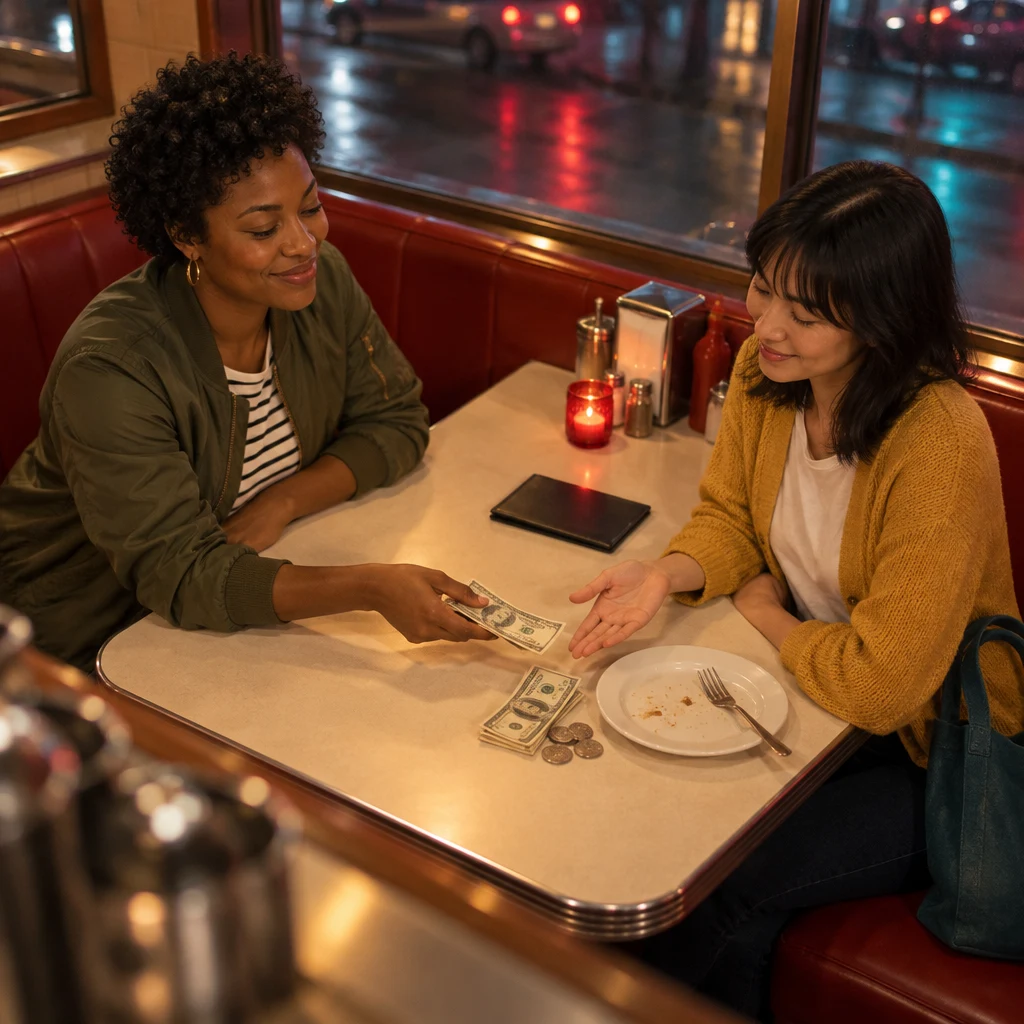 Tasha offers a contribution toward the extra money while Ana makes space for it beside the plate.