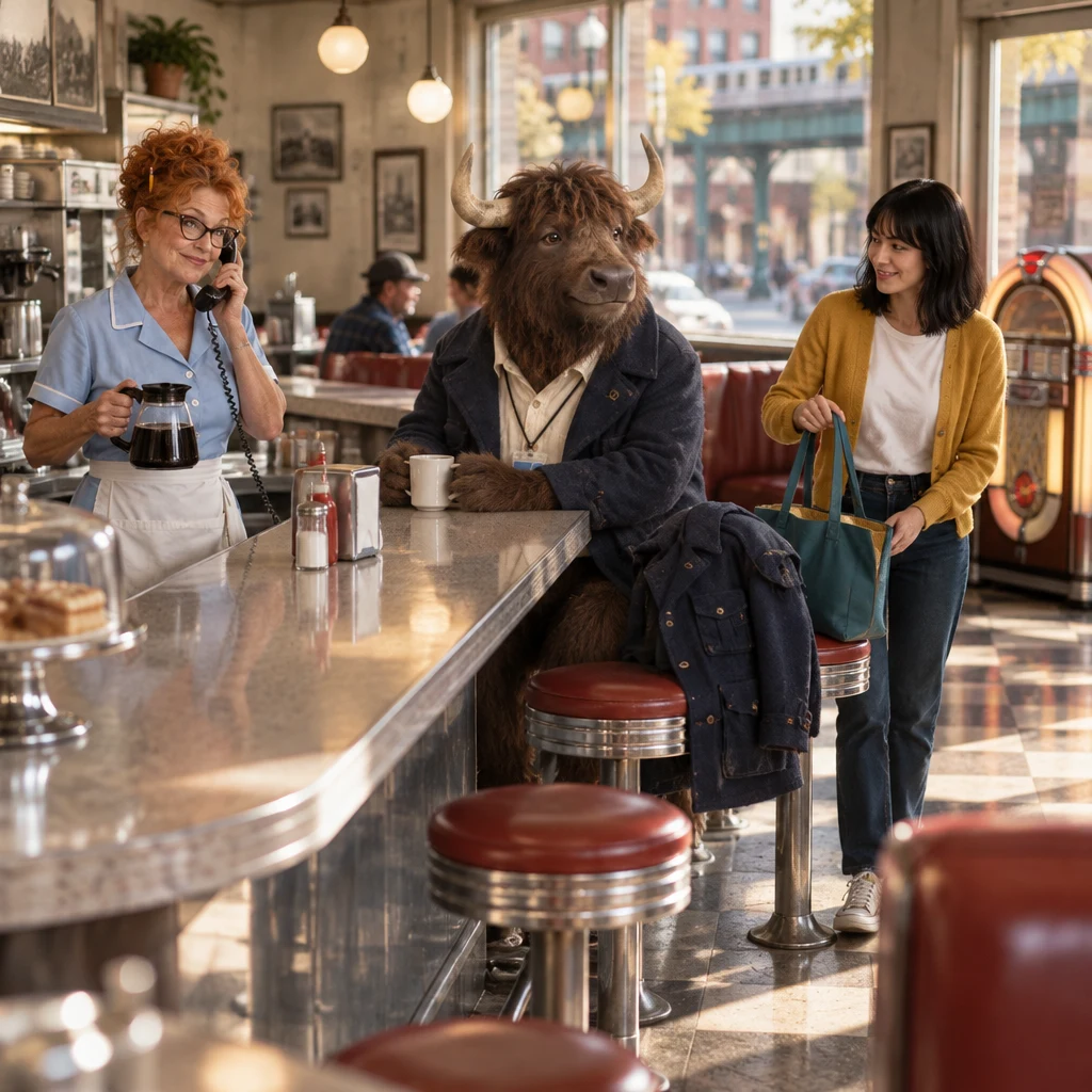 Dee checks her phone at the counter while Murray sits on two stools and Ana sets down her tote.