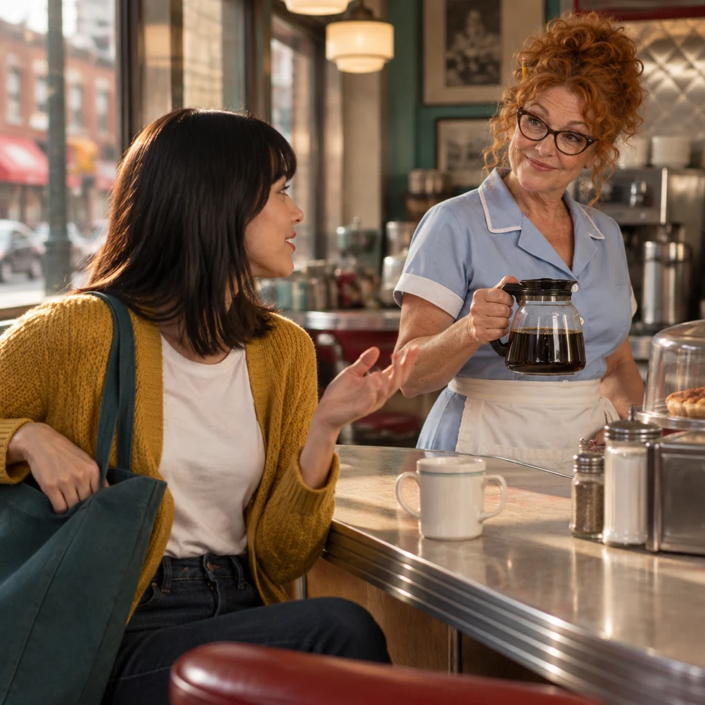 Ana turns from her tote toward Dee with a curious gesture.