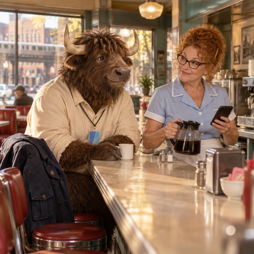 Murray leans across his two stools toward Dee, who has her phone in hand.