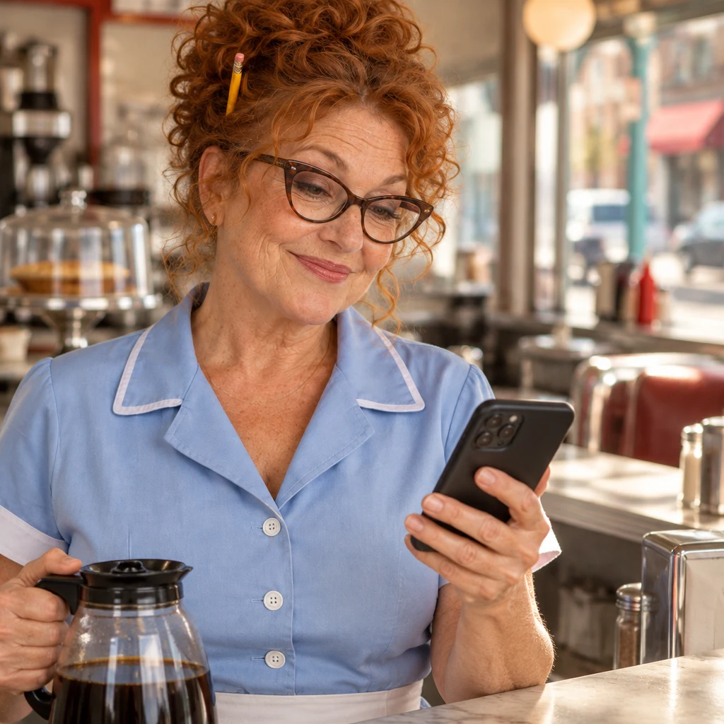 Dee looks down at her phone while holding the coffee pot.