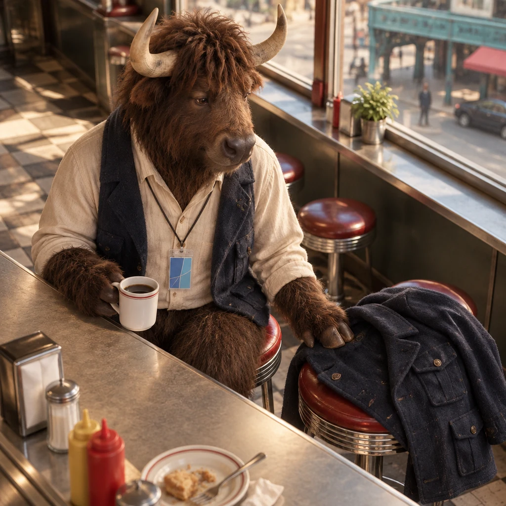 Murray looks from his stool toward his peacoat on the next stool.
