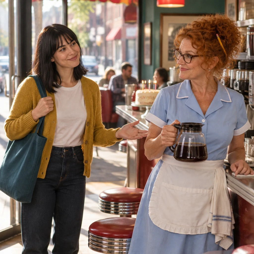 Ana gives Dee a warm birthday greeting from the diner doorway.