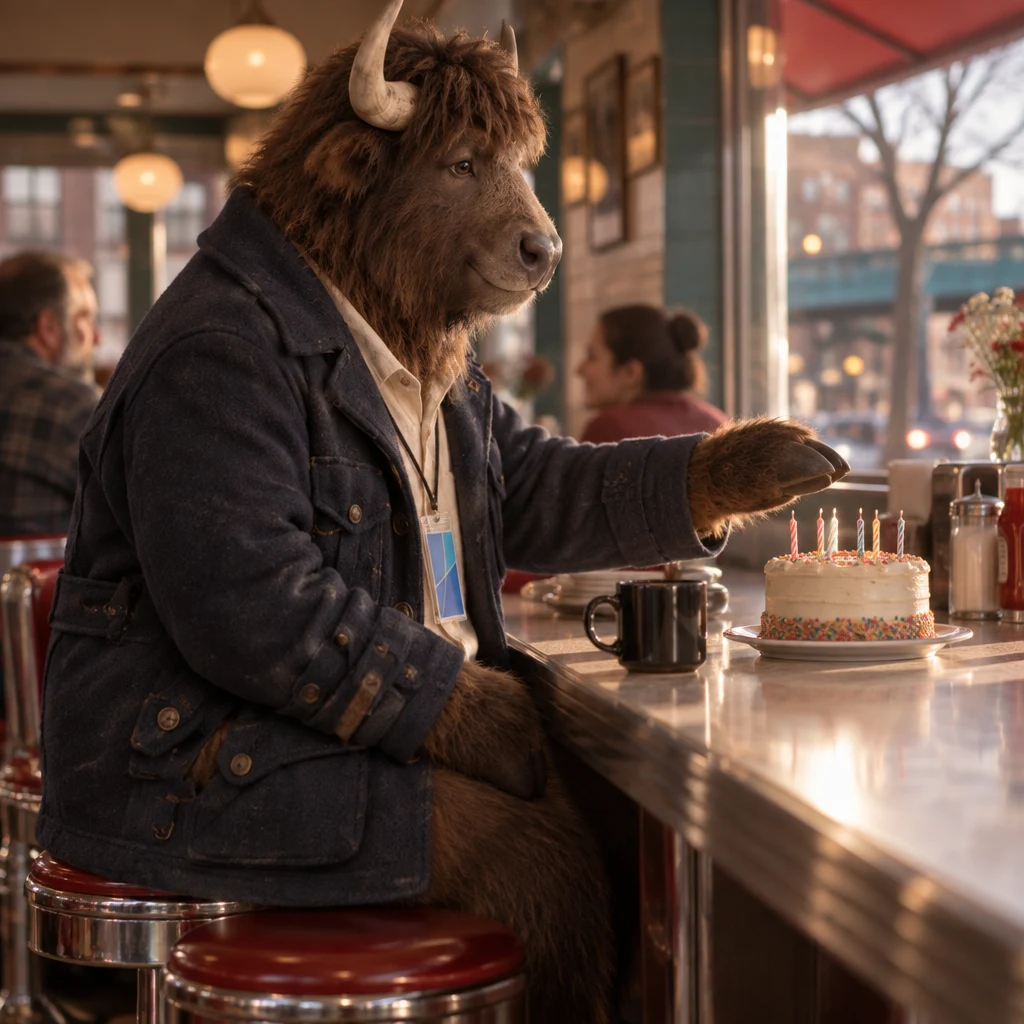 Murray looks from his full coffee toward the cake and gestures toward its unlit candles.