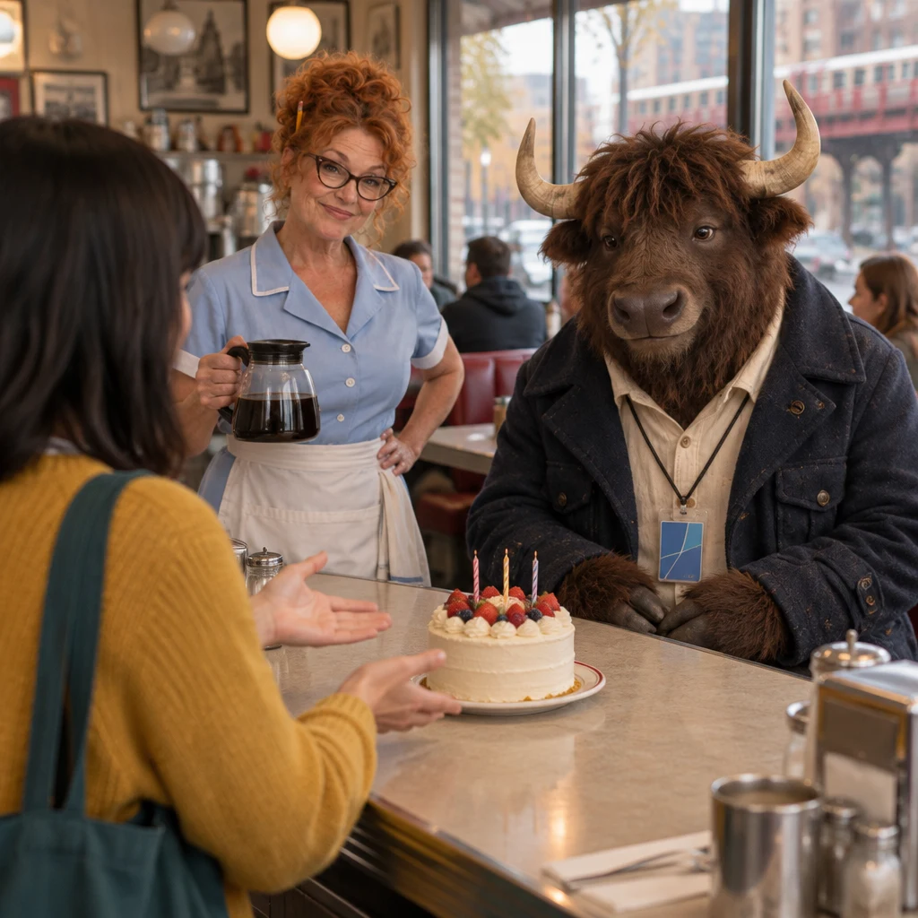 Ana gestures toward the cake, inviting Dee and Murray to gather around it.