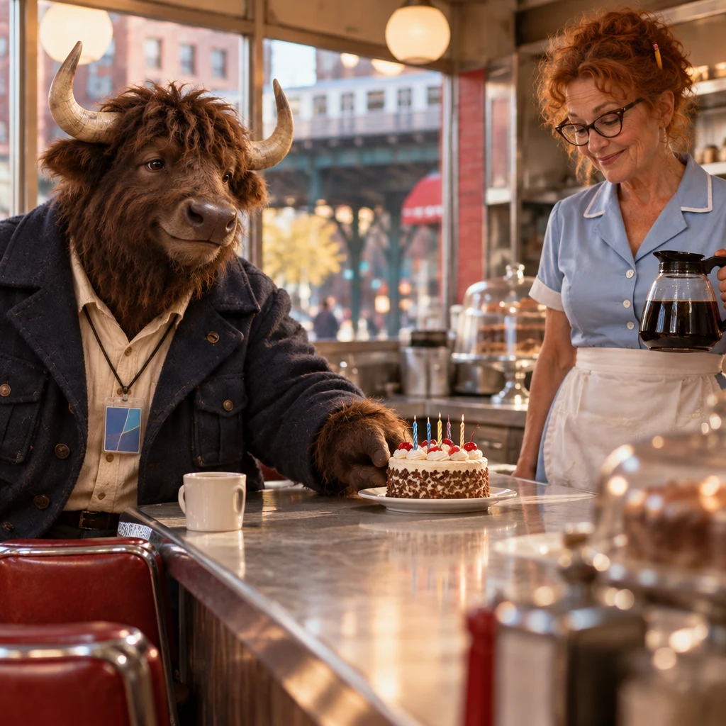 Murray nudges the small cake along the counter toward Dee.