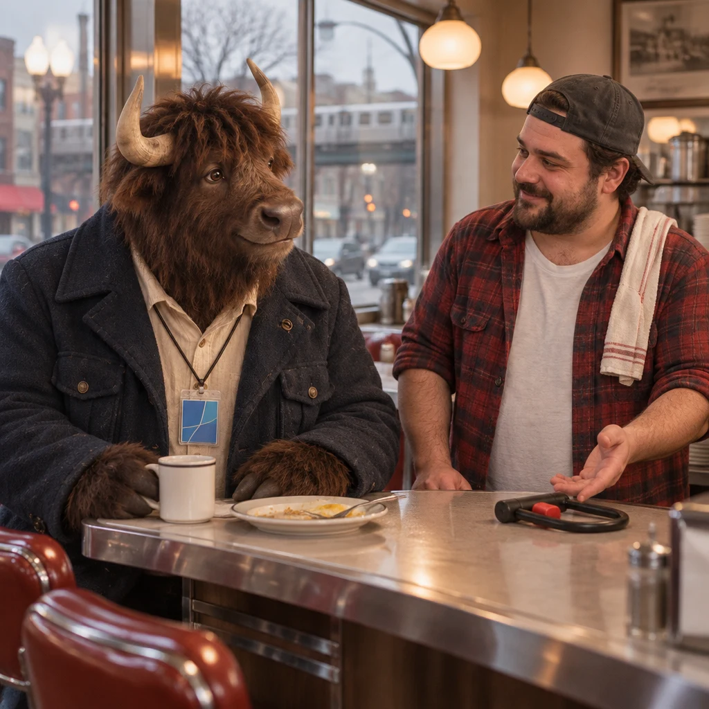 Murray listens as Danny gestures toward a bike lock on the counter.