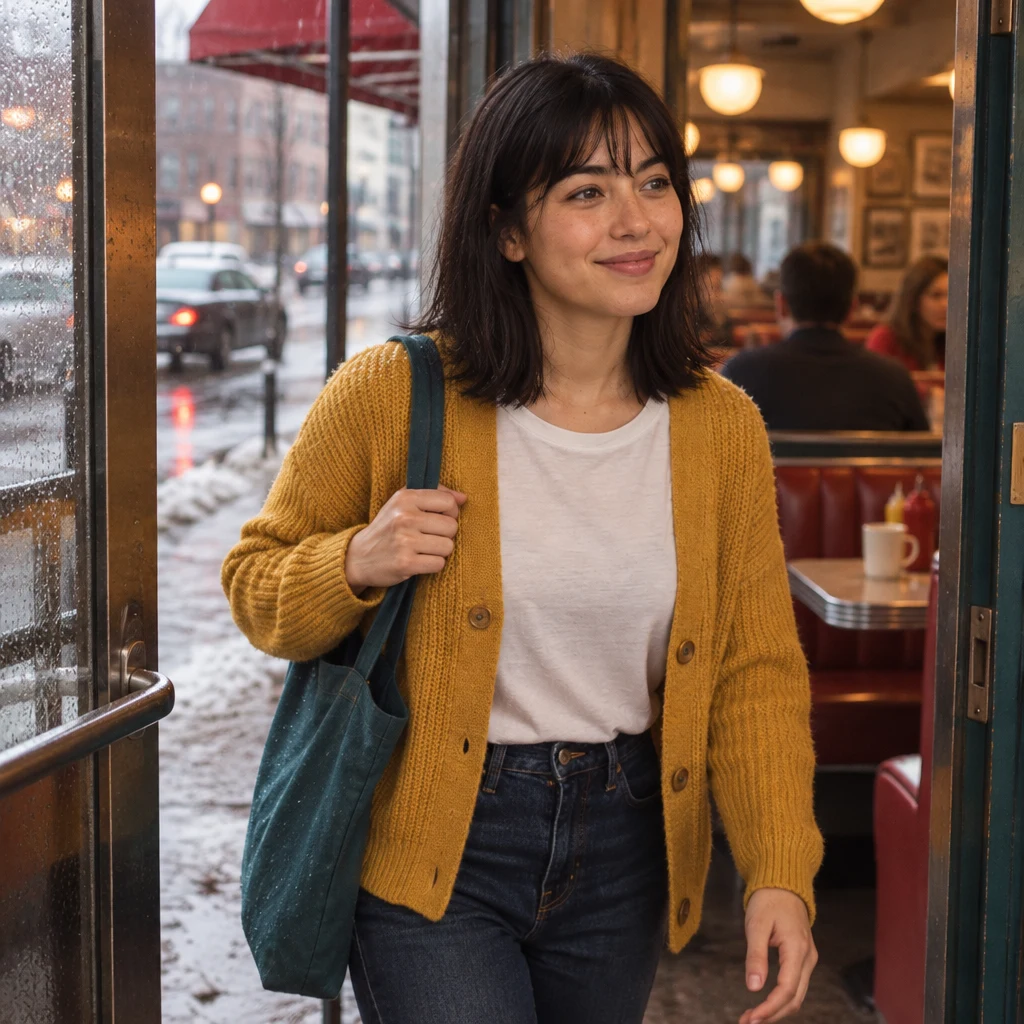 Ana comes in from the rain with the slushy street behind her.