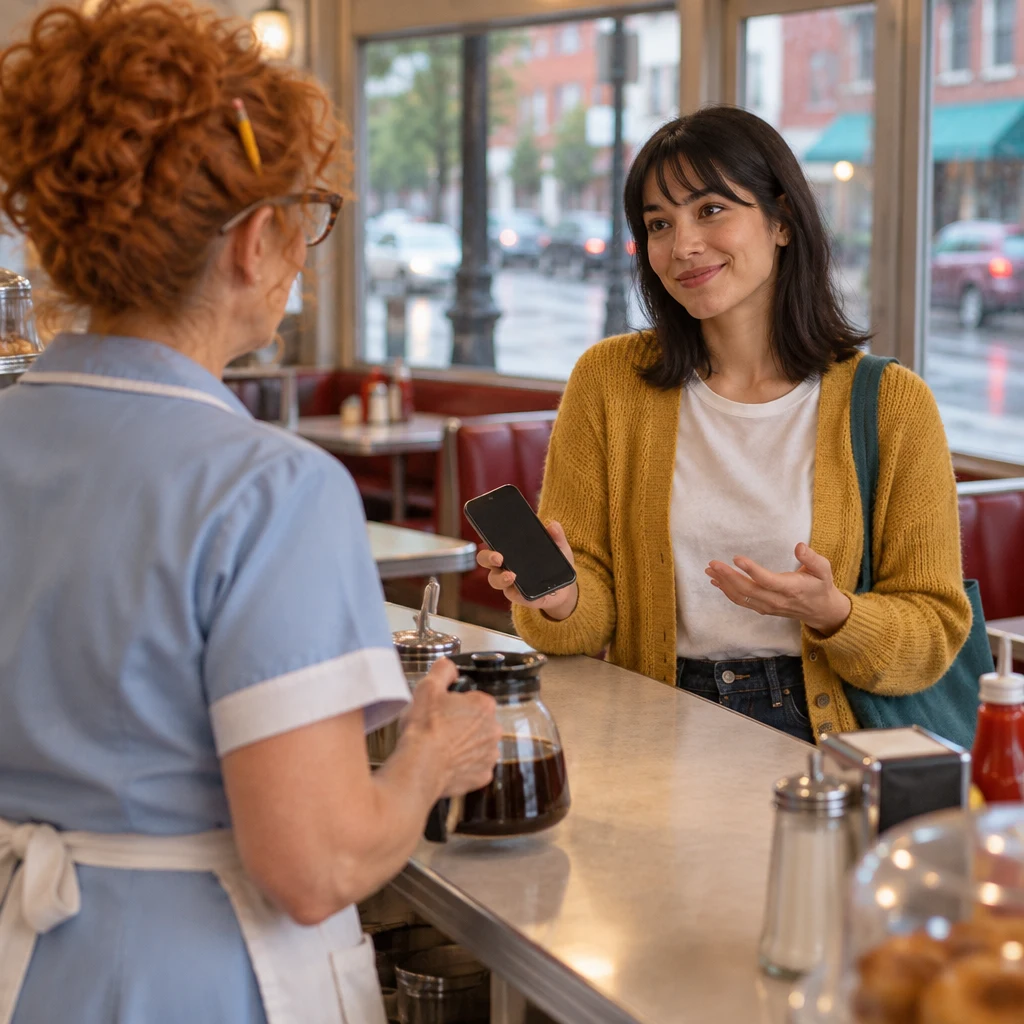 Ana holds out her dark phone as she tells Dee about being asked to attend a meeting.