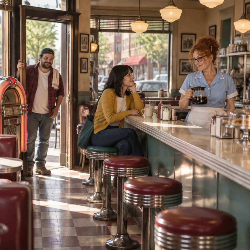 Ana and Dee are in the quiet diner as Danny appears at the open door.