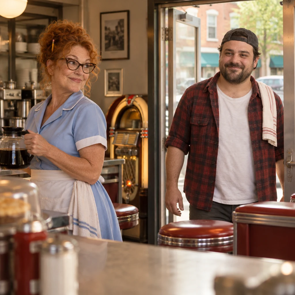 Danny has just stepped inside while Dee looks toward him from behind the counter.