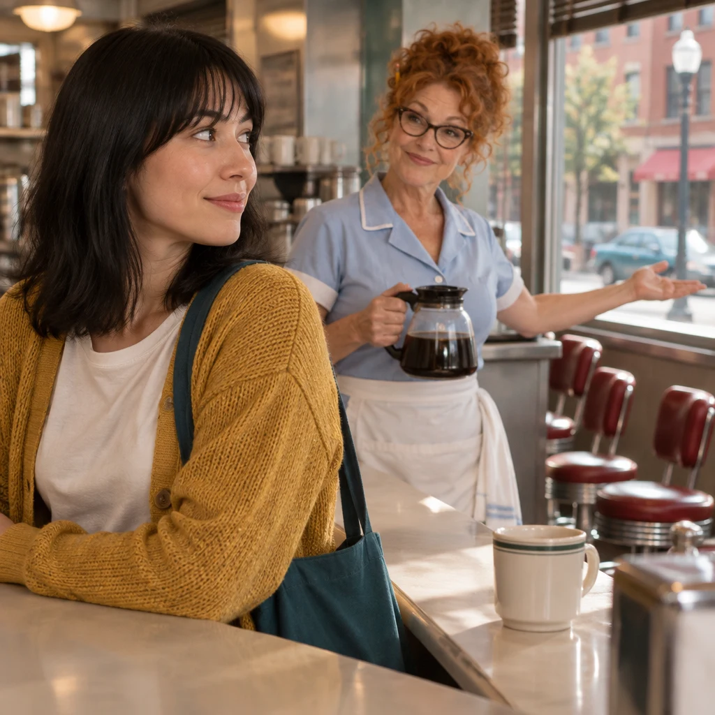Ana checks whether Tasha is still in the diner as Dee gestures toward the street.