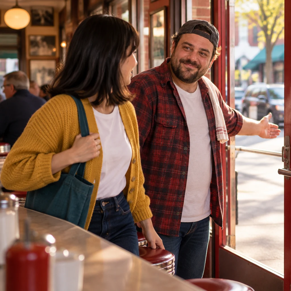 Danny invites Ana to go with him, and Ana rises from her stool to join him.