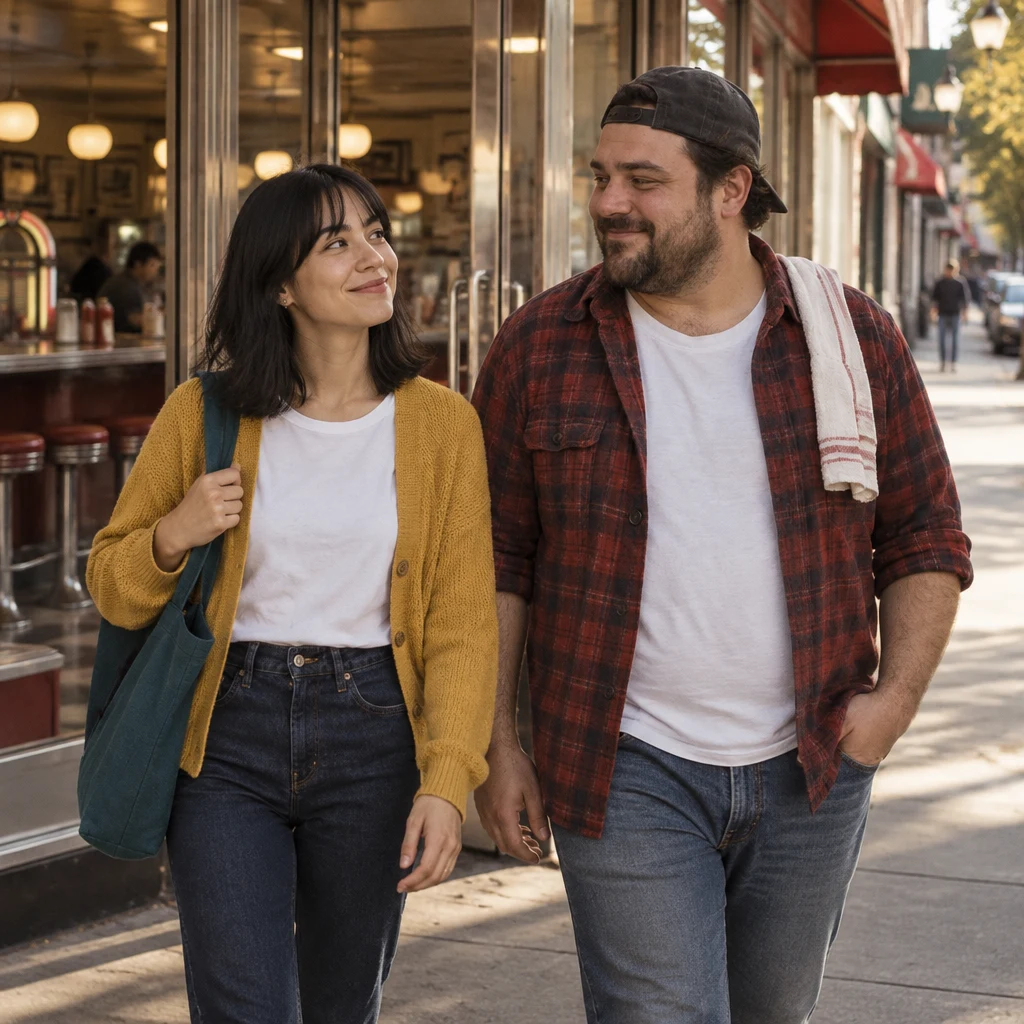 Ana and Danny walk out onto the sidewalk as the diner door shuts behind them.