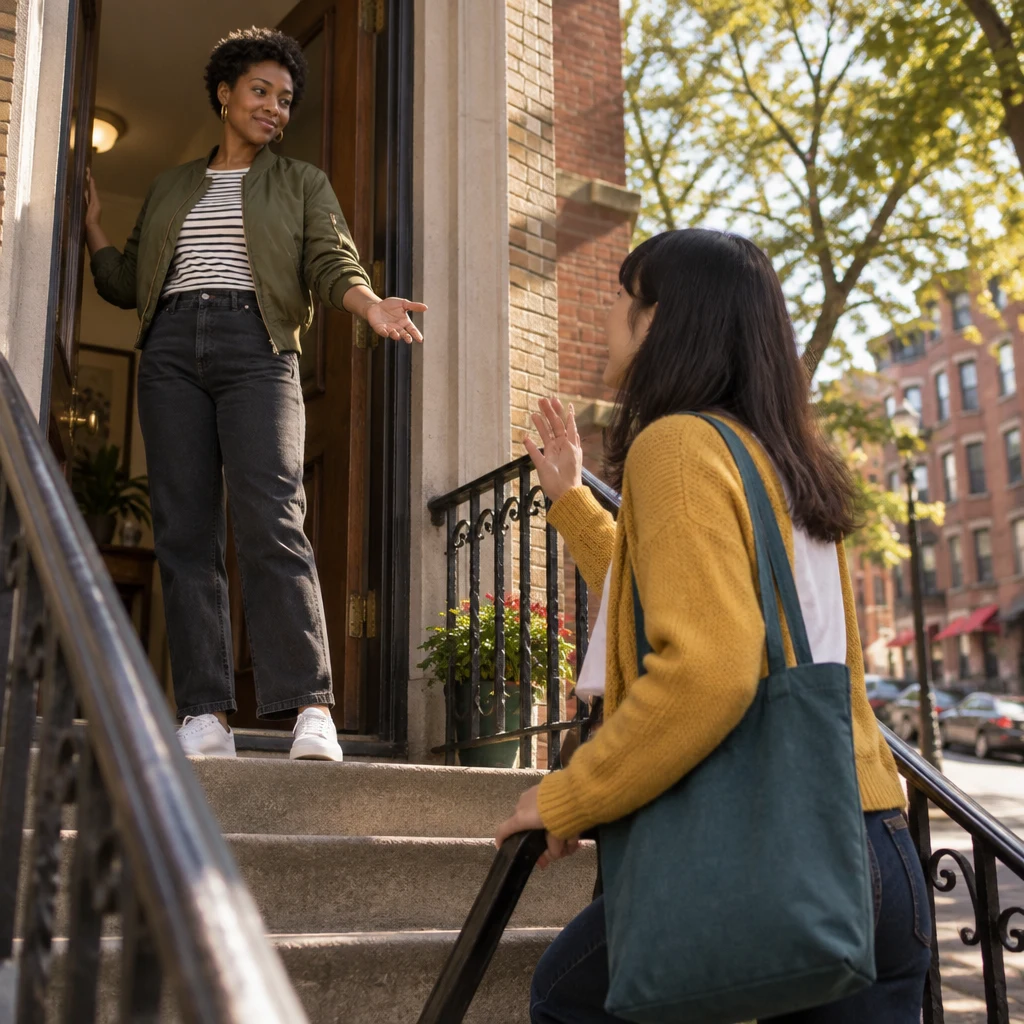 Tasha invites Ana up to the upper-floor doorway, and Ana signals that she will come in a moment.