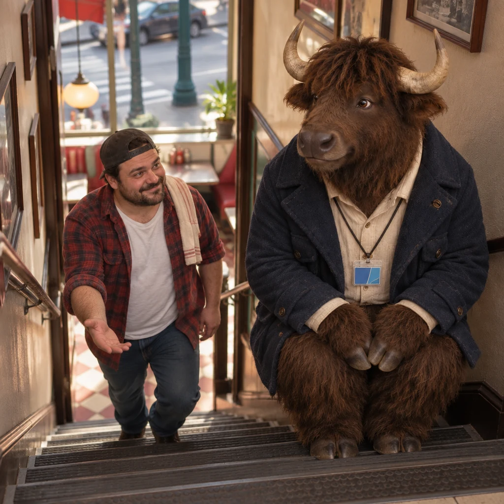 Danny gestures toward the lower floor while Murray remains seated on the top step.