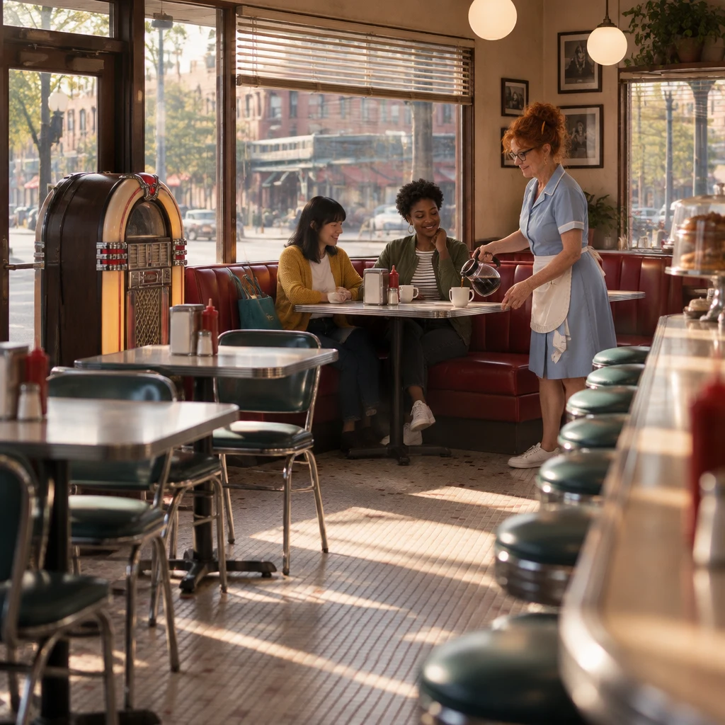 Ana and Tasha settle into a window booth at the Blue Plate while Dee pours coffee.