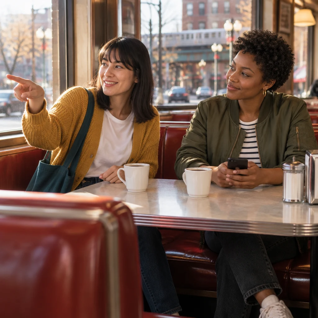 Ana gestures toward the street while proposing the journey, and Tasha listens across the booth.