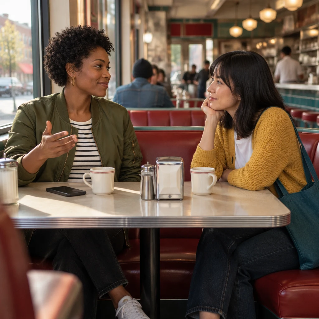 Tasha gestures while naming places to visit, and Ana listens from the opposite seat.