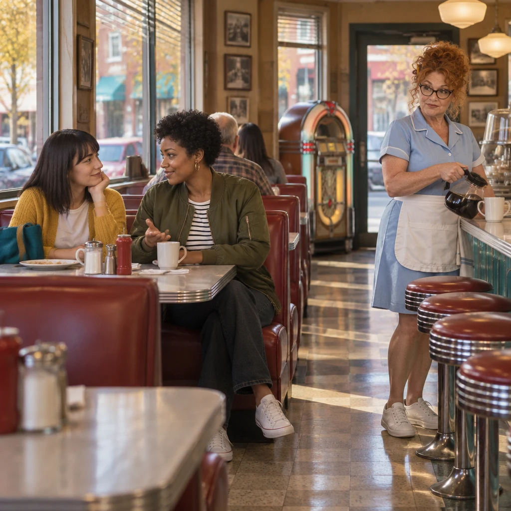 Ana and Tasha settle into the Blue Plate booth while Dee pours coffee nearby.