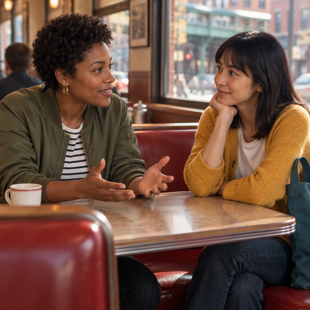 Tasha leans toward Ana and begins telling the true version of the trip.