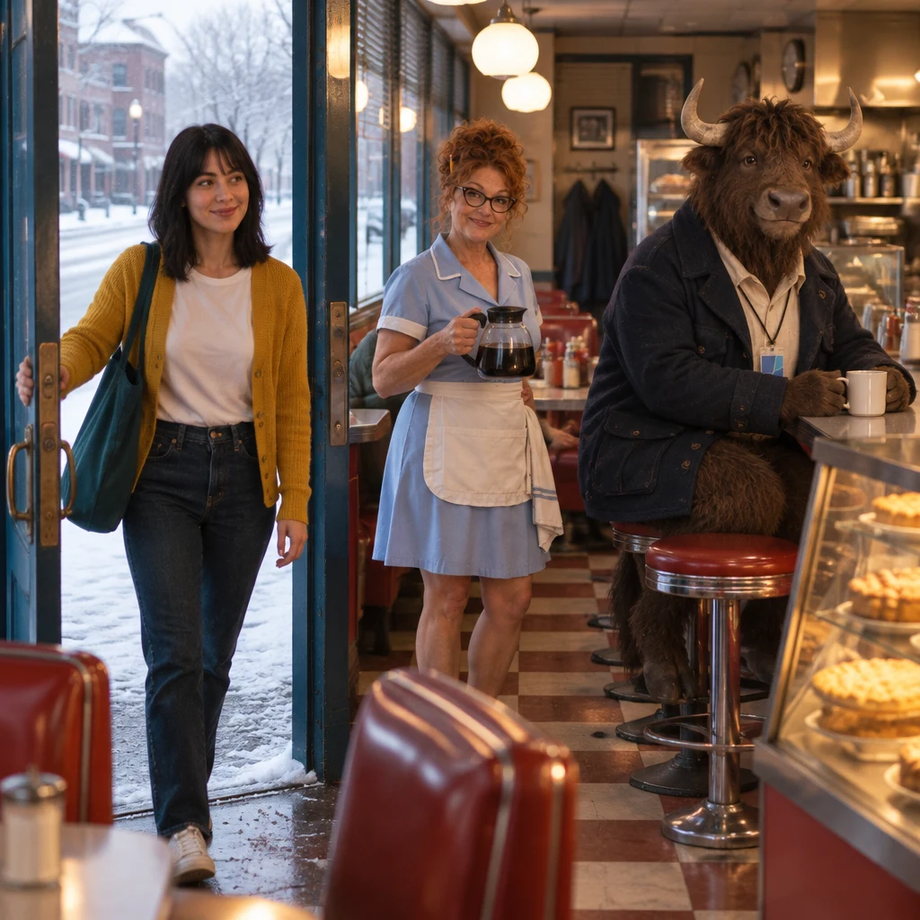 Ana pushes open the Blue Plate door as Dee holds a coffee pot and Murray sits at the counter.